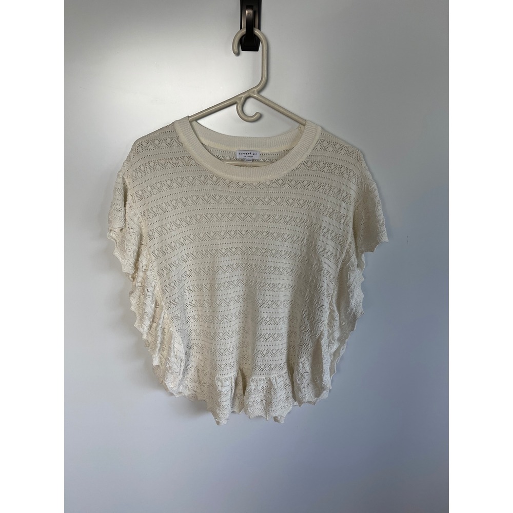 Current Air Los Angeles Ivory Pointelle Knit Ruffle Trim Top Cream Large‎